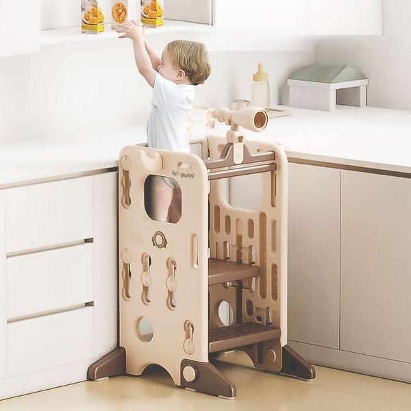 Детская башня помощник 6-в-1 Lumpurini Torre Montessori Pietro. Табурет-лестница, подставка для детей от 1 года на 2 ступени. С кольцекидом и кольцами, баскетбольным кольцом и мячом, телескопом YY24521 фото