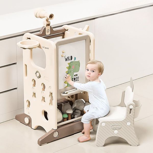 Детская башня помощник 6-в-1 Lumpurini Torre Montessori Pietro. Табурет-лестница, подставка для детей от 1 года на 2 ступени. С кольцекидом и кольцами, баскетбольным кольцом и мячом, телескопом YY24521 фото